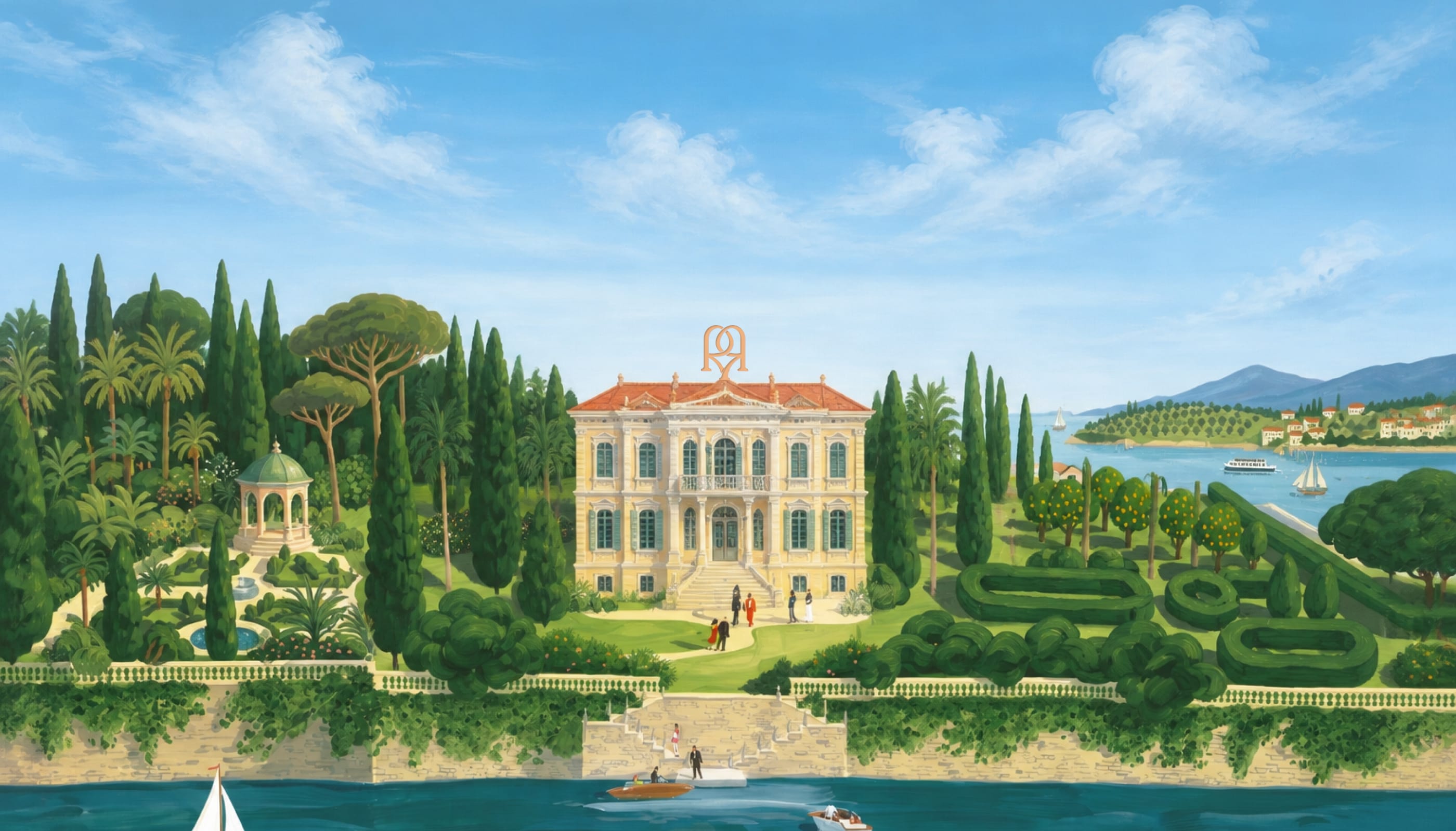Illustrated painting of the Maison Rocheval villa and gardens by the sea
