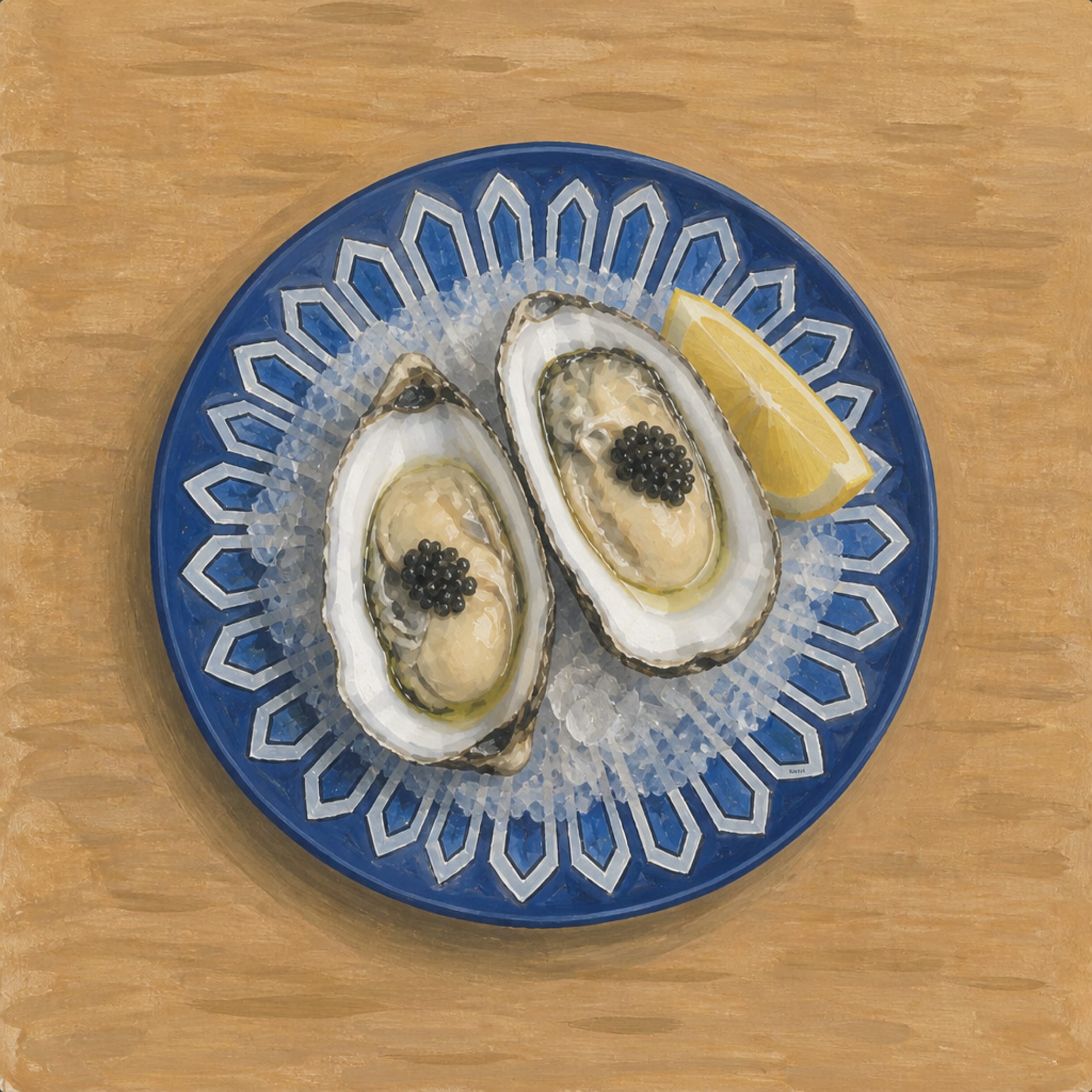 Illustration of oysters topped with caviar and a lemon wedge on an ornate blue and white floral ceramic plate