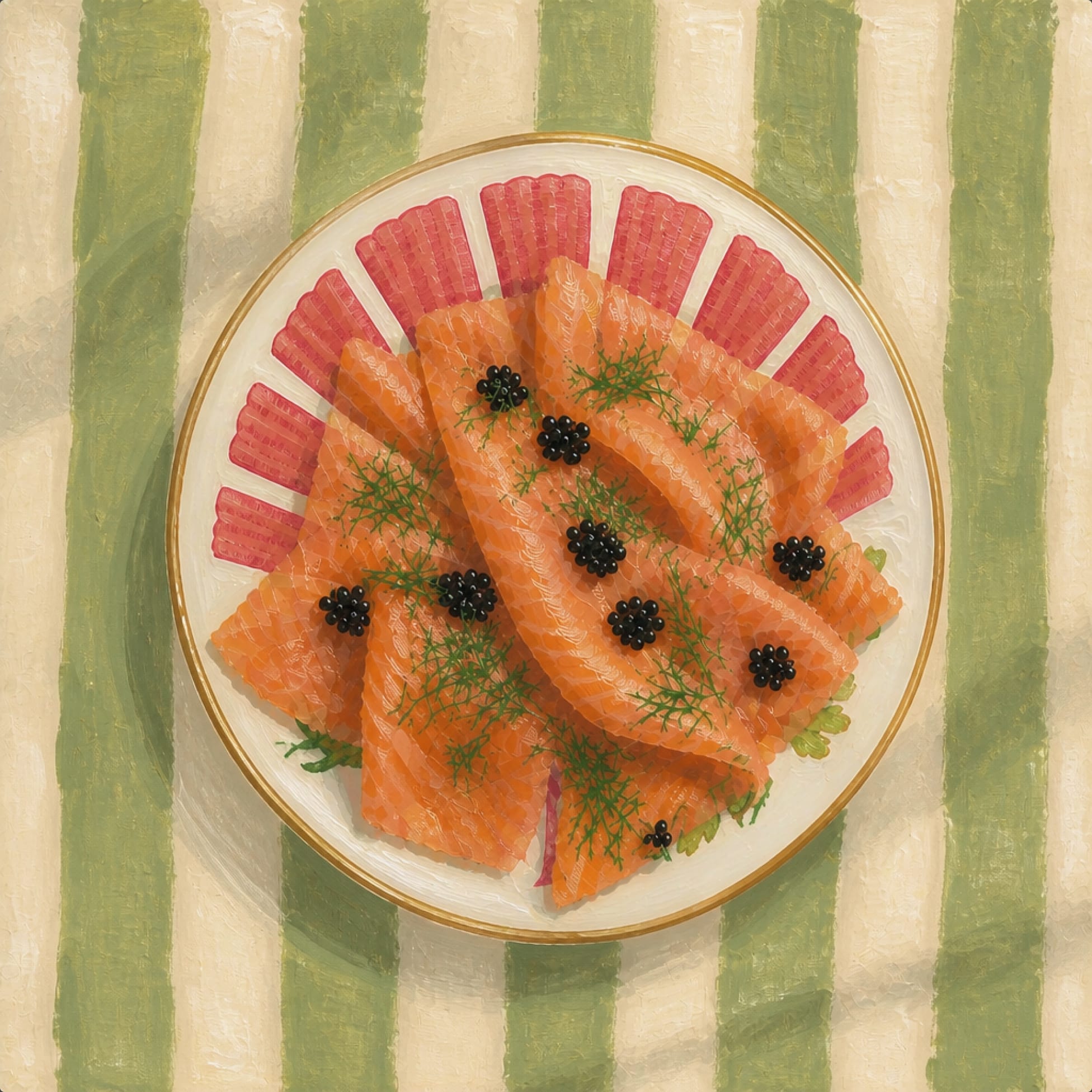 Illustration of thinly sliced salmon crudo topped with caviar on a red-rimmed plate