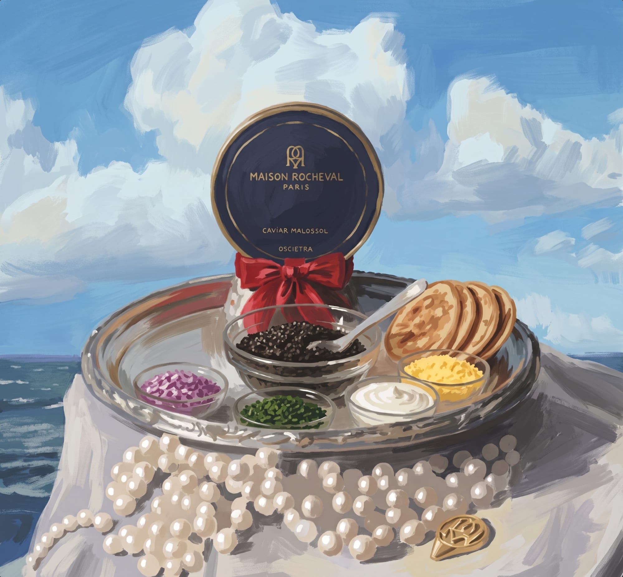 Illustration of a silver tray with Maison Rocheval caviar, garnishes and pearls, set by the sea