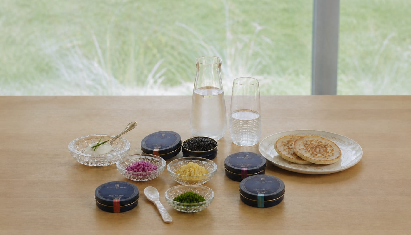 Maison Rocheval caviar tins laid out on a table with blini, crème fraîche and condiments