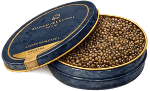 An open tin of Maison Rocheval caviar resting on its lid