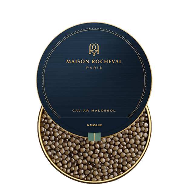 Open tin of Maison Rocheval Amour caviar