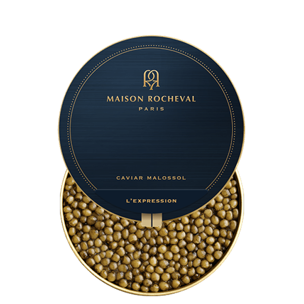 Open tin of Maison Rocheval L’Expression caviar