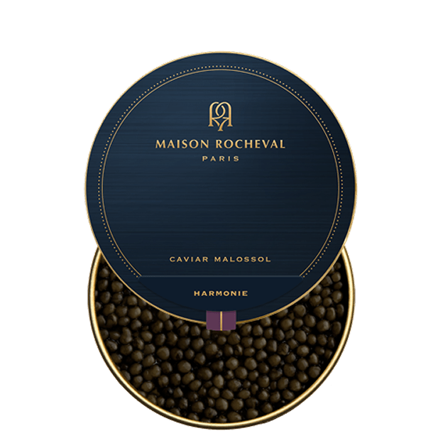 Open tin of Maison Rocheval Harmonie caviar