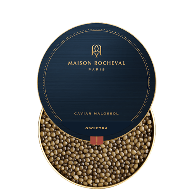 Open tin of Maison Rocheval Oscietra caviar