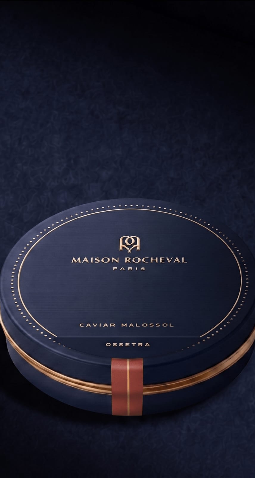 A gloved hand presenting an open tin of Maison Rocheval caviar
