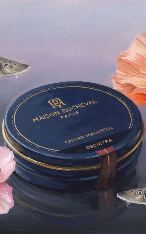A gloved hand presenting an open tin of Maison Rocheval caviar