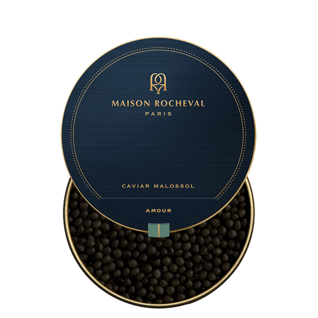 Open tin of Maison Rocheval Amour caviar