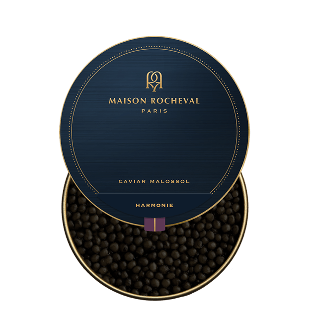Open tin of Maison Rocheval Harmonie caviar