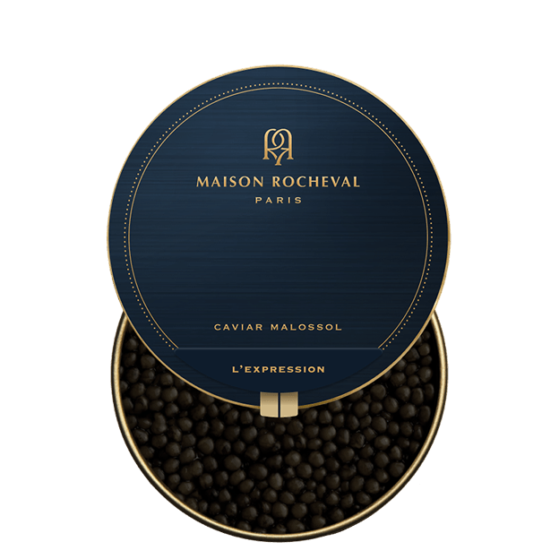 Open tin of Maison Rocheval L’Expression caviar