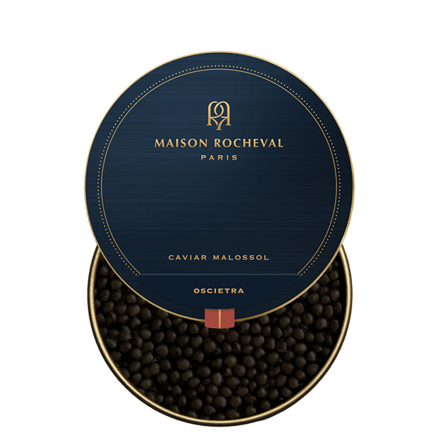 Open tin of Maison Rocheval Oscietra caviar